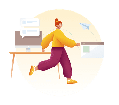 illustration of a woman running away from a computer